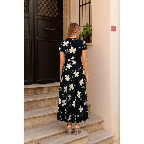 Kadın Kısa Kollu Bisiklet Yaka Puantiyeli Maksi örme Krep Elbise