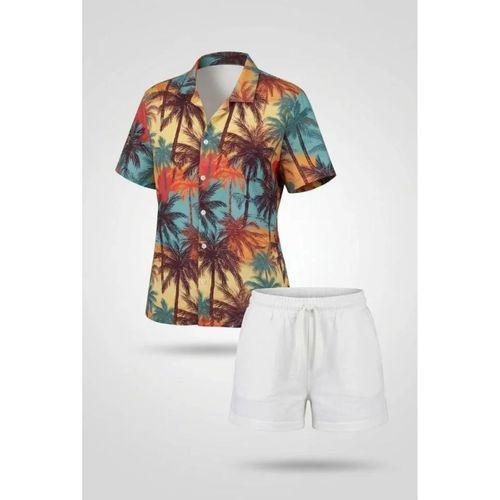 Tropikal Palmiye Desenli Kısa Kol Gömlek Şort Takım Yazlık Rahat Kalıp - Desenli