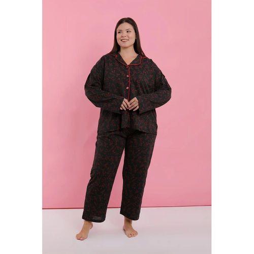 Kadın Büyük Beden Siyah Kırmızı Çiçekli Düğmeli Pijama Takımı