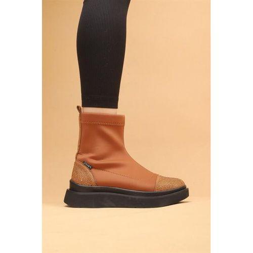 Afron Taba Renkli Taba Deri Detaylı Taşlı Siyah Taban Kışlık Kadın Bot