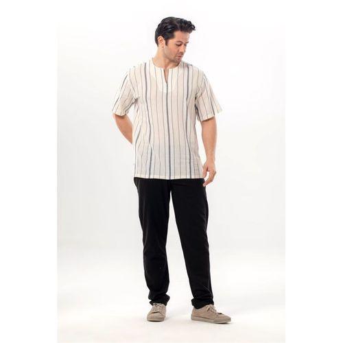 Kısa Kol Şile Bezi Bisiklet Yaka Erkek Yazlık Tshirt Ekru Gri Çizgili 3028