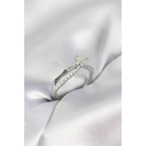 Gümüş Renk Kuyruklu Kelebek Model İncili Kadın Yüzük