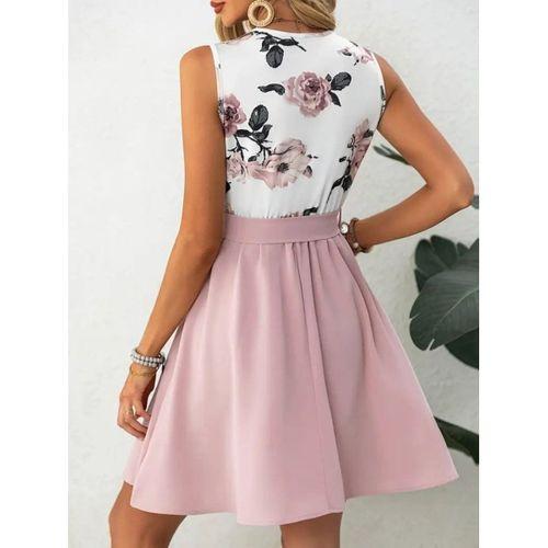 Kadın Sıfır Kollu V Yakalı çiçek Baskılı Beli Kuşaklı Dalgıç Elbise
