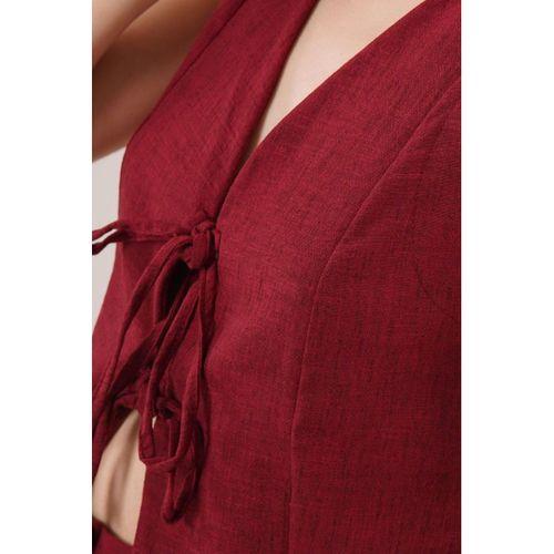 Ön Bağlama Detaylı Yelek Ve Pantolon Bordo İkili Takım