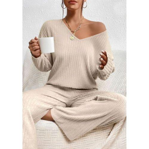 Kadın Uzun Kollu V Yakalı şardonlu Kaşkorse Bluz Ve Pantolon Ikili Takım