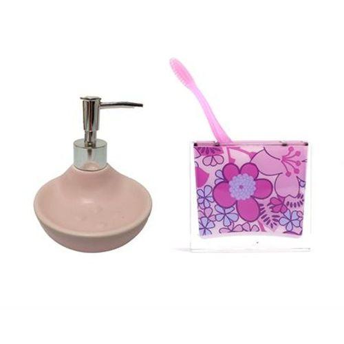Sıvı Sabunluk,Diş Fırçalık 2 Li Banyo Seti,Pembe Çiçekli