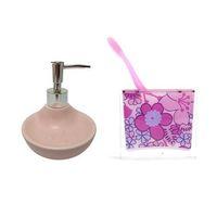 Sıvı Sabunluk,Diş Fırçalık 2 Li Banyo Seti,Pembe Çiçekli