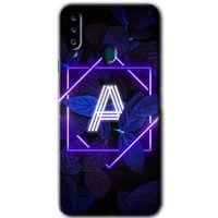 Samsung Galaxy A20s Kılıf Baskılı Kapak - Dark Neon Yaprak A Harfi + 5D Tam Kaplayan Cam