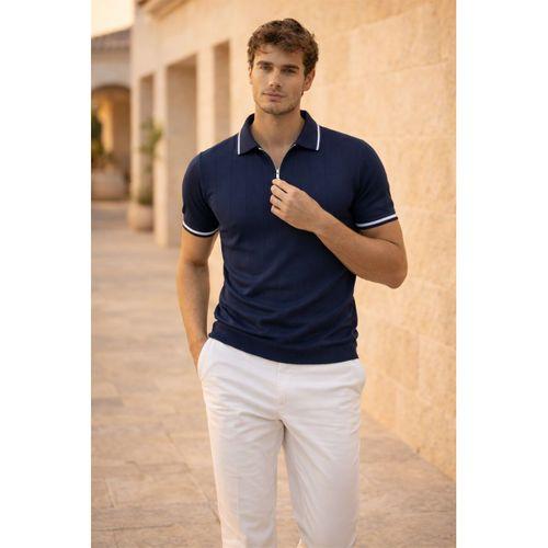 Jared Yakası Şeritli Dik Çizgili Yarım Fermuar İnce Triko Erkek T-Shirt - Lacivert