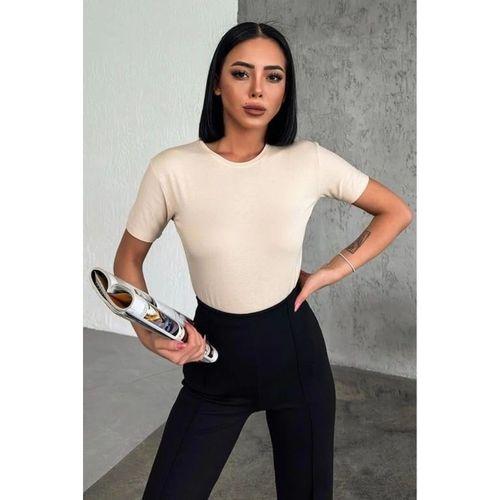 Rahat Ve Şık Kısa Kollu Bisiklet Yaka Likralı Viskon Penye Body Bej