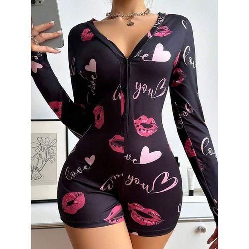 Pamuklu Kırmızı Kalp Desenli Düğmeli Uzun Kol Tulum Pijama