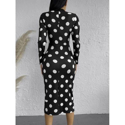 Kadın Uzun Kollu V Yaka Puantiyeli Krep Midi Boy Elbise