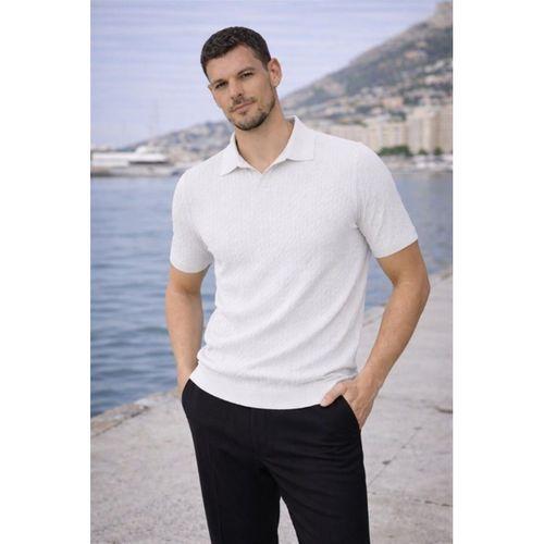 Nestor Saç Örgü Desenli Polo Yaka Regular Fit Örme İnce Triko Erkek T-Shirt - Ekru