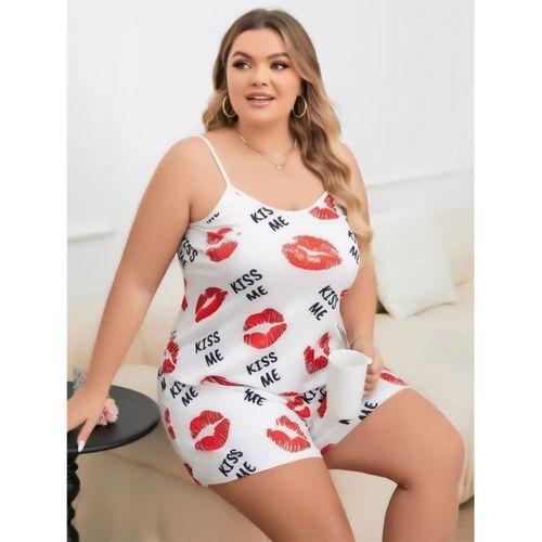 Büyük Beden Kiss Me Öpücük Desen Pamuklu Şortlu Pijama Takımı