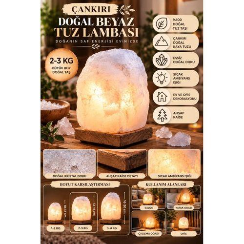 Çankırı 2-3 Kg Beyaz Doğal Kaya Tuzu Lambası Ahşap Kaideli Dekoratif Lamba