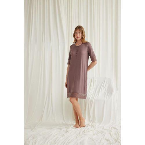 Dantel Detaylı Kısa Kollu Ve Önü Düğmeli Gecelik