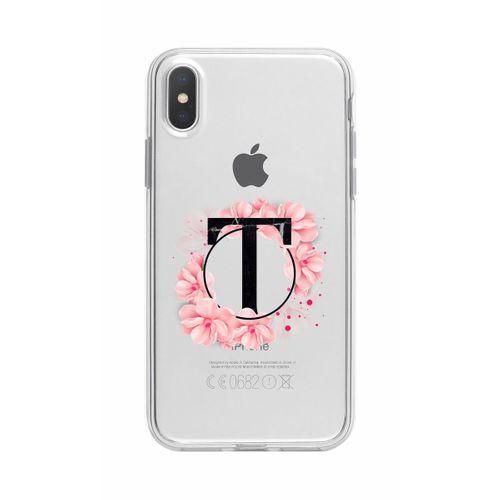 iPhone Xs Max Pembe Çiçek Desen T Harfli Şeffaf Kılıf