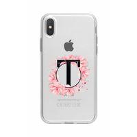 iPhone Xs Max Pembe Çiçek Desen T Harfli Şeffaf Kılıf