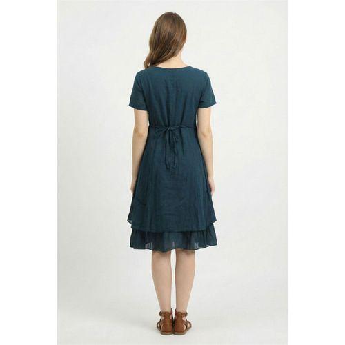 Kısa Kol Nil Vual Diz Boyu Çift Cepli Nakışlı Yazlık Elbise Petrol Ptrl