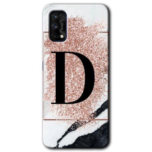 Realme 7 Pro Kılıf HD Desen Baskılı Arka Kapak + Temperli Cam - Pembe Mermer Desenli D Harfi