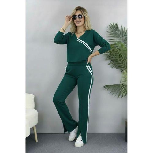 Kadın Uzun Kollu V Yakalı şerit Detaylı Viskon Iki Iplik Bluz Ve Pantolon Ikili Takım