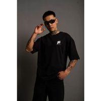 Unisex Bisiklet Yaka Baskılı Oversize T-Shirt - Siyah