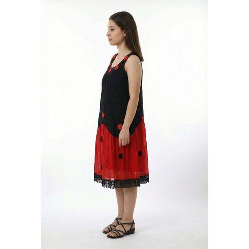 Kolsuz Papatya Yuvarlak Yaka Dantel Detaylı Yazlık Vual Kısa Elbise Siyah/Kırmızı Syh/Krmz