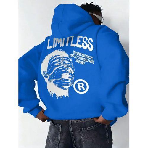 Erkek Premium Baskılı Kapşonlu Sweatshirt Üç İplik İçi Pamuklu Kanguru Cepli - Saks Mavisi