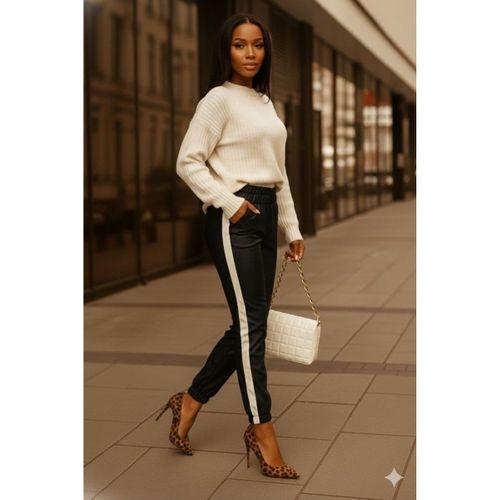 Kadın Yüksek Bel Lastikli Yan şerit Detaylı Deri Pantolon