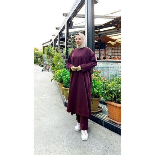 O Yaka Yırtmançlı Uzun Geniş Rahat Tunik Pantolon Sade Basic Spor Takımı - 03040.020 - Mürdüm