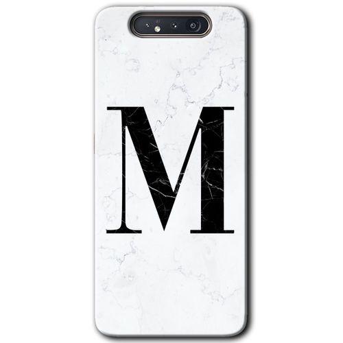 Galaxy A80 Kılıf HD Desen Baskılı Arka Kapak - Beyaz Mermer Desenli M Harfi + Kırılmaz Cam