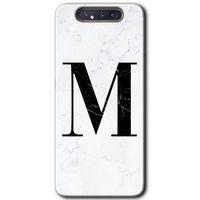 Galaxy A80 Kılıf HD Desen Baskılı Arka Kapak - Beyaz Mermer Desenli M Harfi + Kırılmaz Cam
