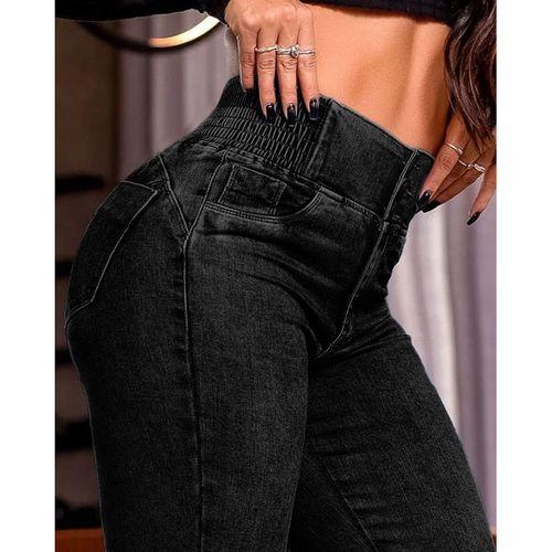 Kadın Yüksek Bel Yanları Lastik önü Düğmeli Kot Pantolon