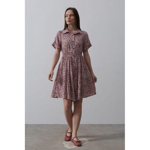 Baskılı Keten Elbise - Lila