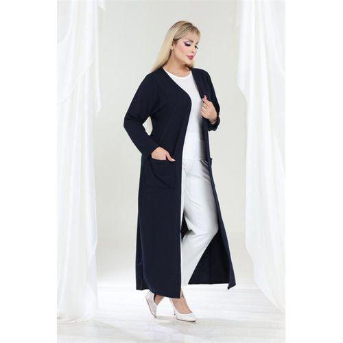 Melsay Butik Büyük Beden Lacivert Dokulu Örme Kumaş Uzun Kadın Hırka