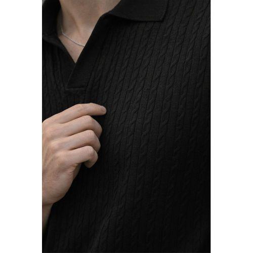Nestor Saç Örgü Desenli Polo Yaka Regular Fit Örme İnce Triko Erkek T-Shirt - Siyah