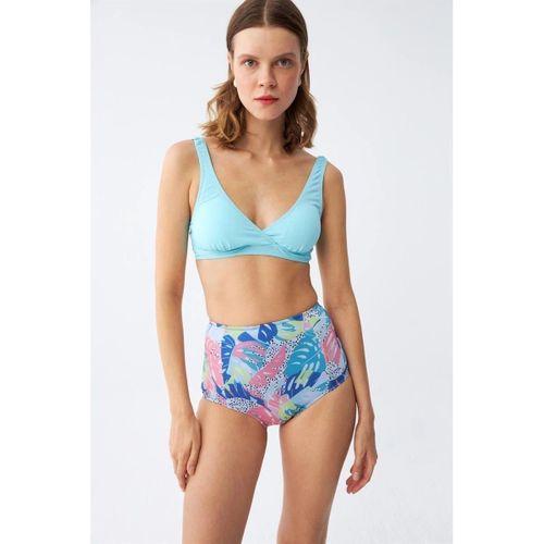 Kadın Pedli Üst Tropik Desenli Yüksek Bel Bikini Takımı - Buz Mavisi