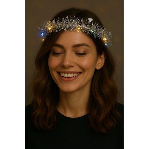 Kalp Püsküllü 3 Modlu Led Işıklı Taç Gümüş Renk