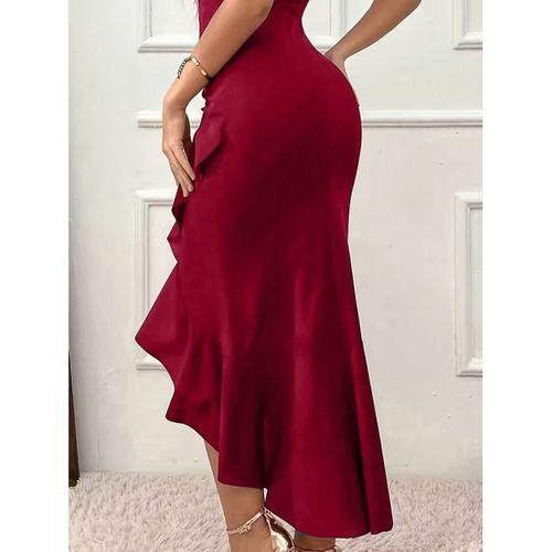 Kadın Askılı V Yakalı önden Fırfırlı Uzun Ithal Krep Elbise