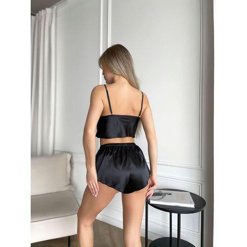 İnce Askılı Siyah Saten Şortlu Takım