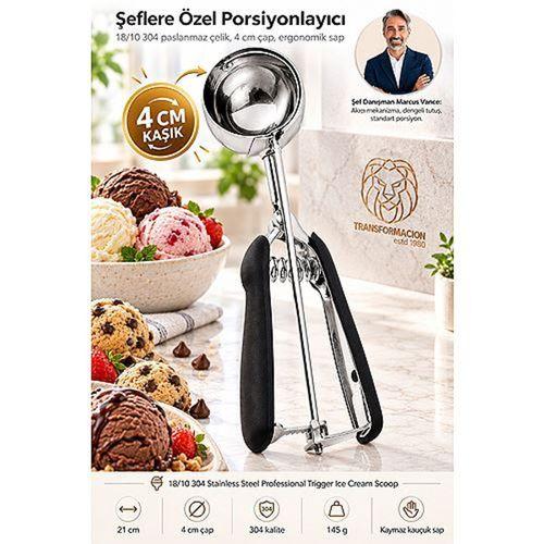 4 Cm Yuvalı Mekanizmalı Dondurma Kaşığı 304 Paslanmaz Çelik Profesyonel Helva Kurabiye Porsiyonlayıcı 723663