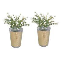 2 Adet Vazo Dahil,Vazoda Çiçek,Beyaz Yapay Çiçek,Vazo Dekoratif Altın Yaprak 9X9X17Cm