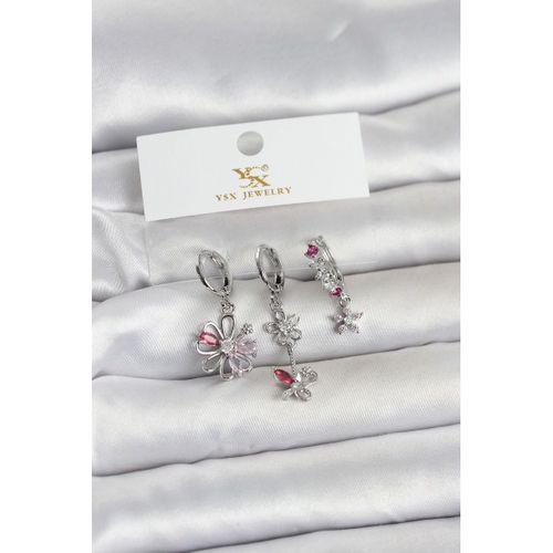 Pirinç Gümüş Renk Çiçek Model 3'lü Kadın Küpe