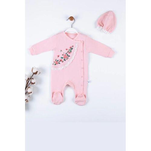 Çiçek Nakışlı Şapkalı % 100 Pamuk Kız Bebek Tulumu