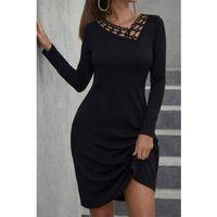 Kadın Uzun Kollu Dantel Yaka Ithal Krep Mini Elbise