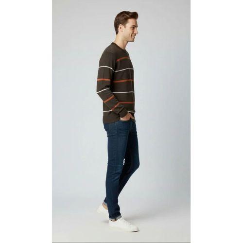 Erkek Bisiklet Yaka Cizgili Triko Kazak Yumuşak Dokulu Pamuklu Ince Dokuma, Uzun Kollu Rahat Regular Kalıp - Koyu Kahverengi