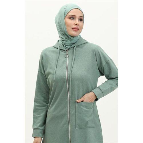 Kapşonlu Fermuarlı Yırtmaçlı Uzun Sweat Pantolon Spor İkili Takım - 03055.100 - Çağla Yeşili
