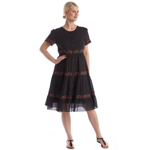 Kısa Kol Siyah Bisiklet Yaka Nakışlı Otantik Vual Kısa Elbise