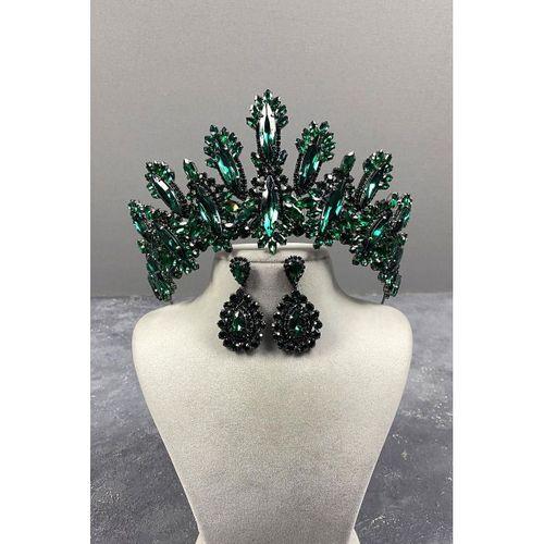 Dalia Yüksek Taşlı Gelin Tacı Mekik Küpe Seti