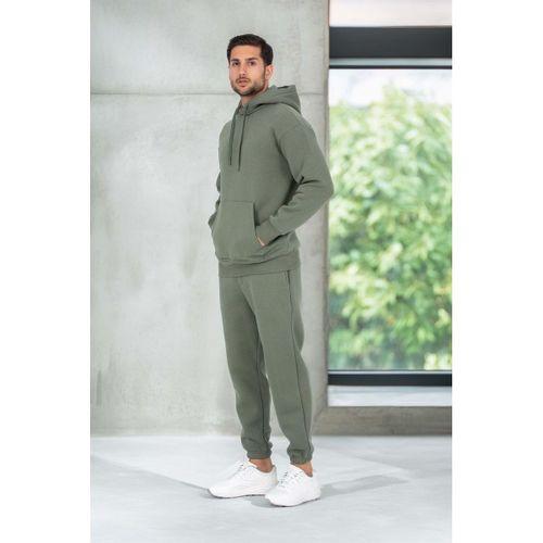 Şardonlu Kanguru Cepli Sweatshirt - 3 İplik Şardonlu Lastik Paça Erkek Eşofman Altı- Eşofman Takımı - Avcı Yeşili